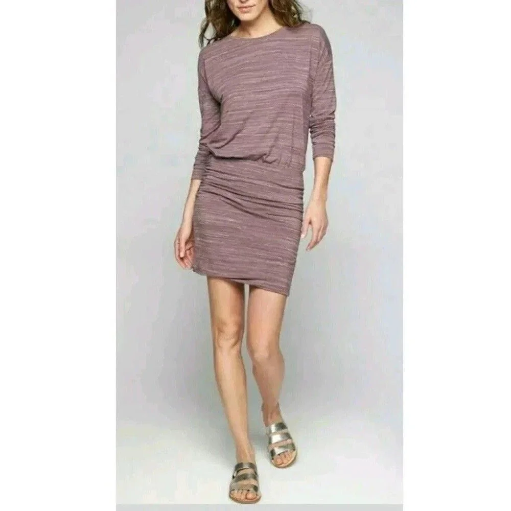 Athleta VTG Ruched Sides Long Sleeve Heathered Plum Stretch Comfort Dress Size M
